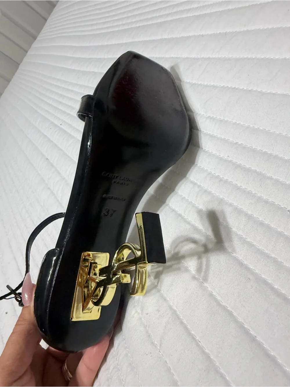 Saint Laurent Black Patent Leather Ankle-Strap Sandals with Gold YSL Logo Heels - Picture 5 of 8